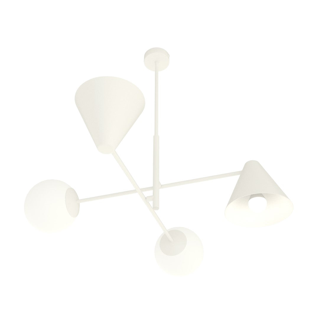 Second angle du lustre blanc, deux globes et deux cônes sur bras croisés.