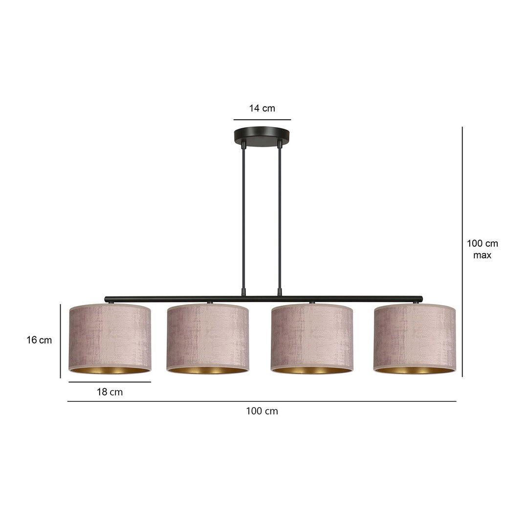 Schéma coté du luminaire : 100 cm de large, 16 cm de haut, abat-jours de 18 cm