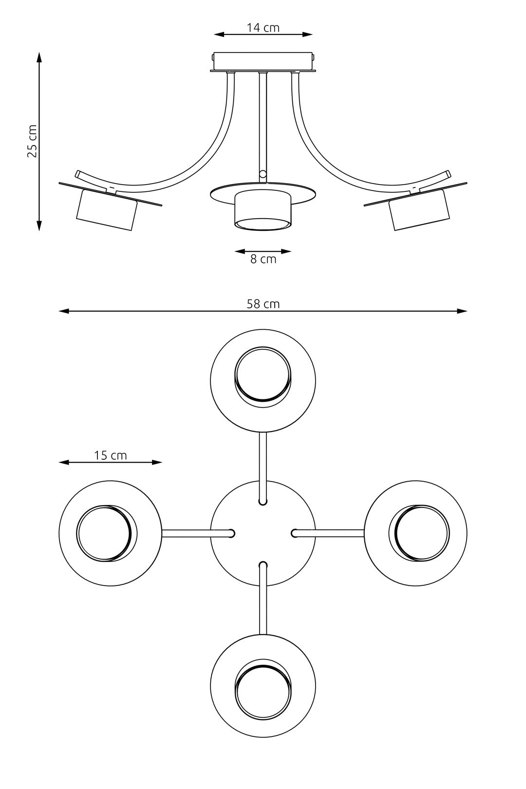 Schéma technique coté du luminaire avec dimensions 58 cm, 25 cm et 8 cm