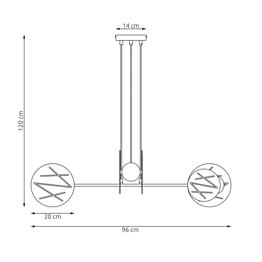 Schéma de dimensions en élévation : hauteur 120 cm, largeur 96 cm, rosace 14 cm.