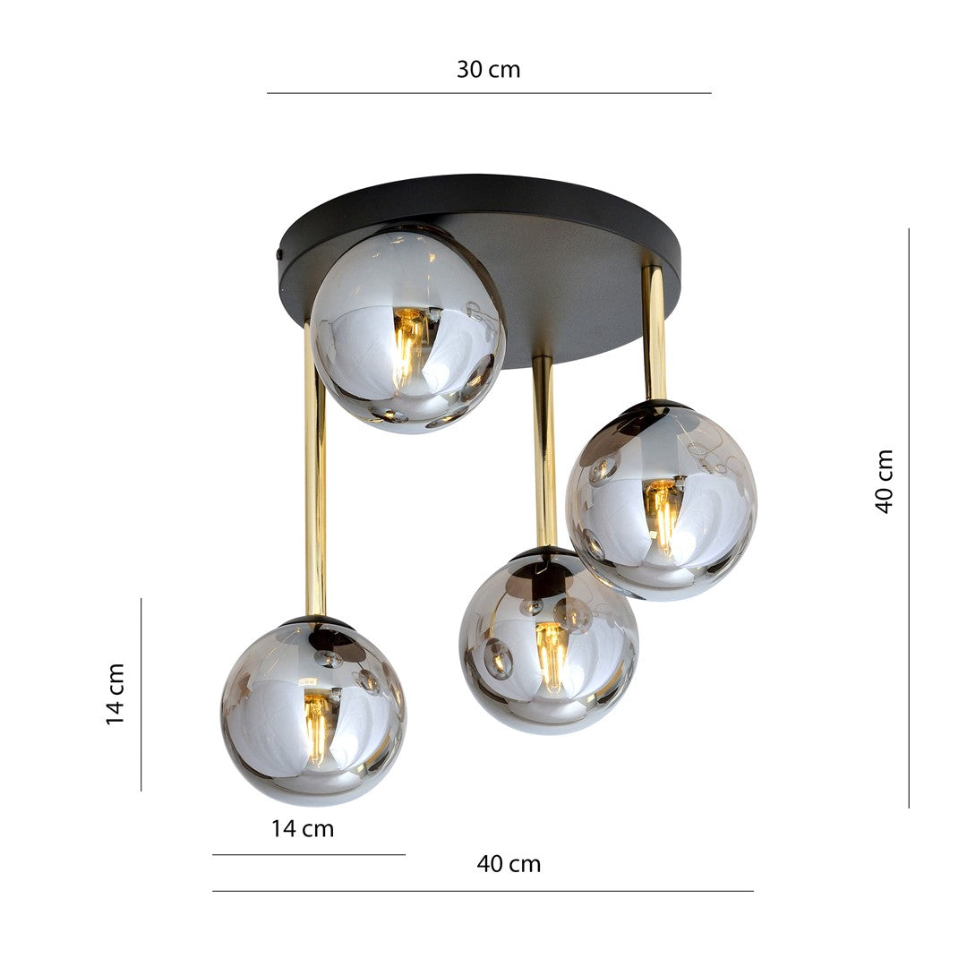 Schéma coté du plafonnier : largeur 30 cm, hauteur 40 cm, sphères 14 cm.