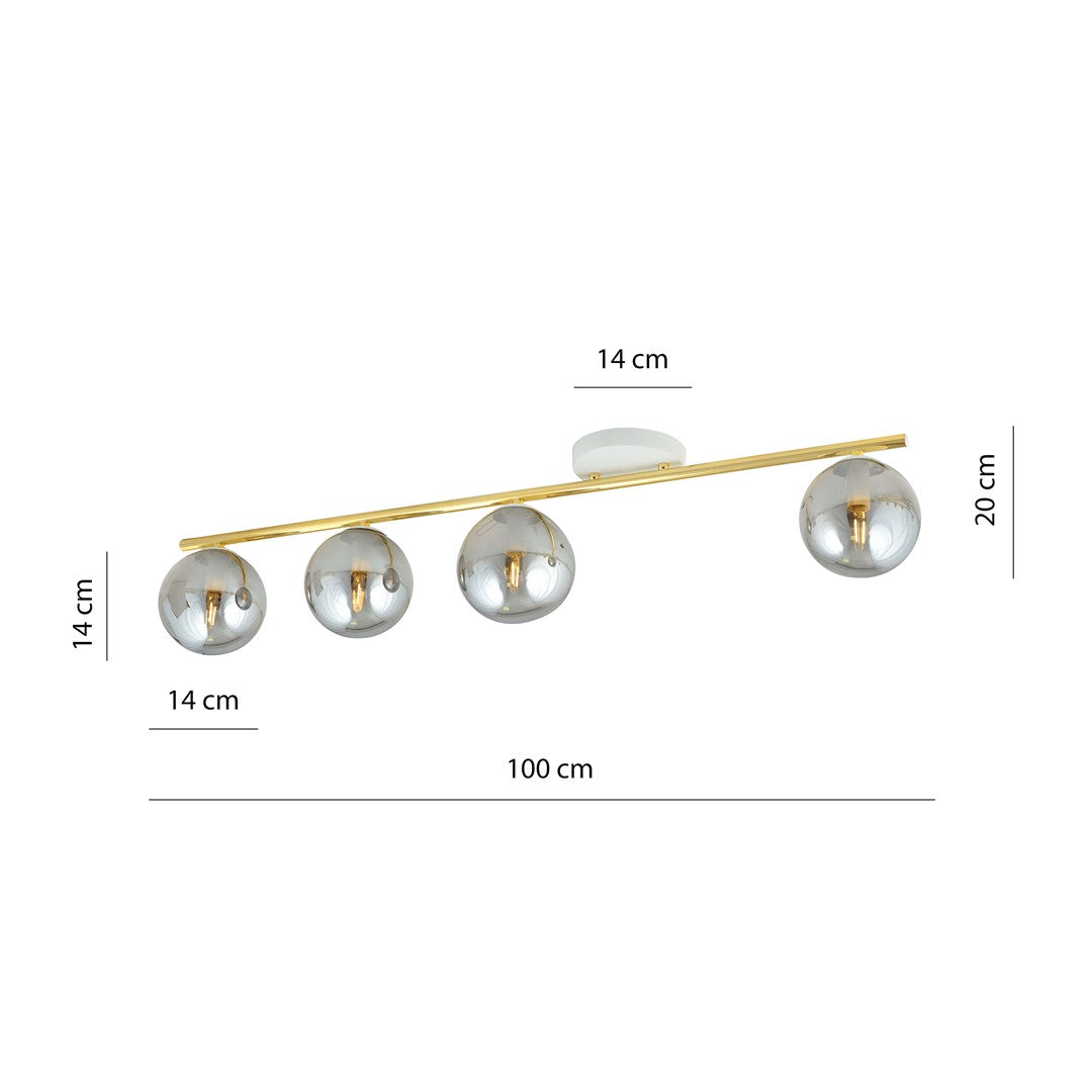 Schéma technique coté du plafonnier avec dimensions en centimètres et repérage des globes.