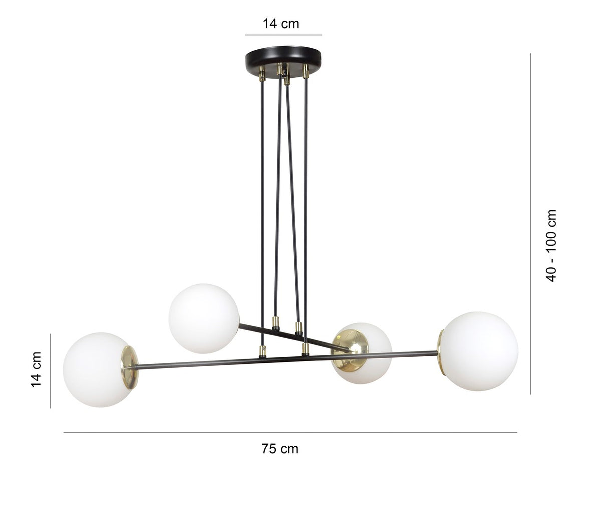 Schéma coté du produit avec hauteur réglable, diamètre du pavillon et largeur totale