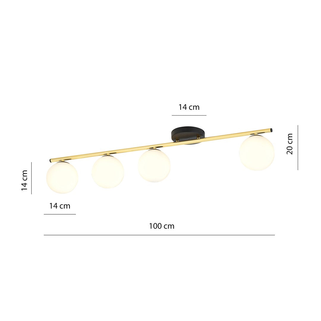 Schéma coté du plafonnier : 100 cm de large, 20 cm de haut, globes 14 cm.