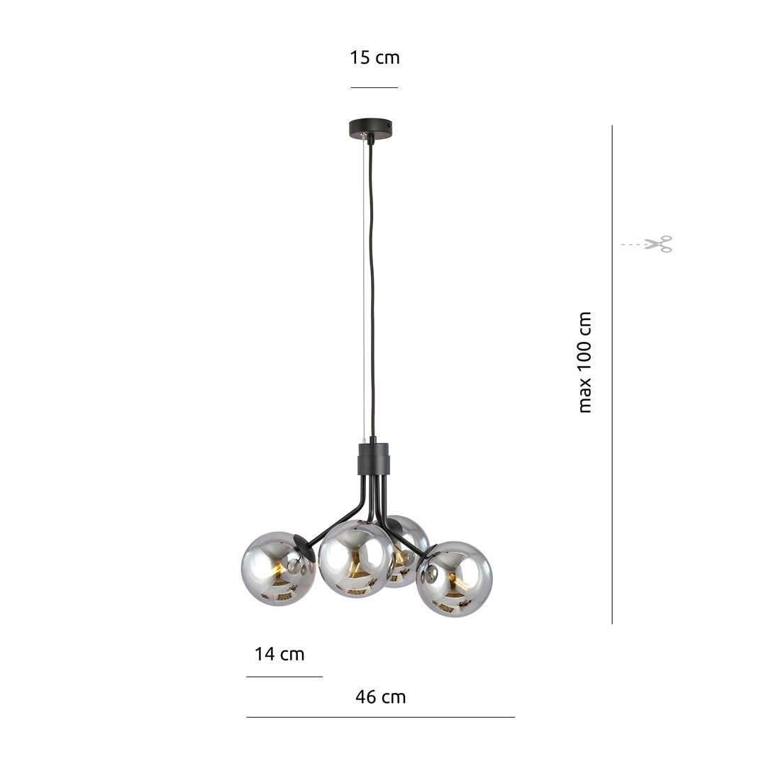 Schéma de dimensions du luminaire avec largeur, hauteur réglable et diamètre des globes.