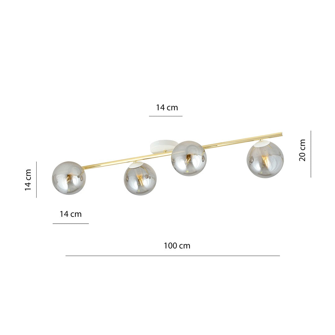 Schéma coté du luminaire : 100 cm de long, 20 cm de haut, globes de 14 cm