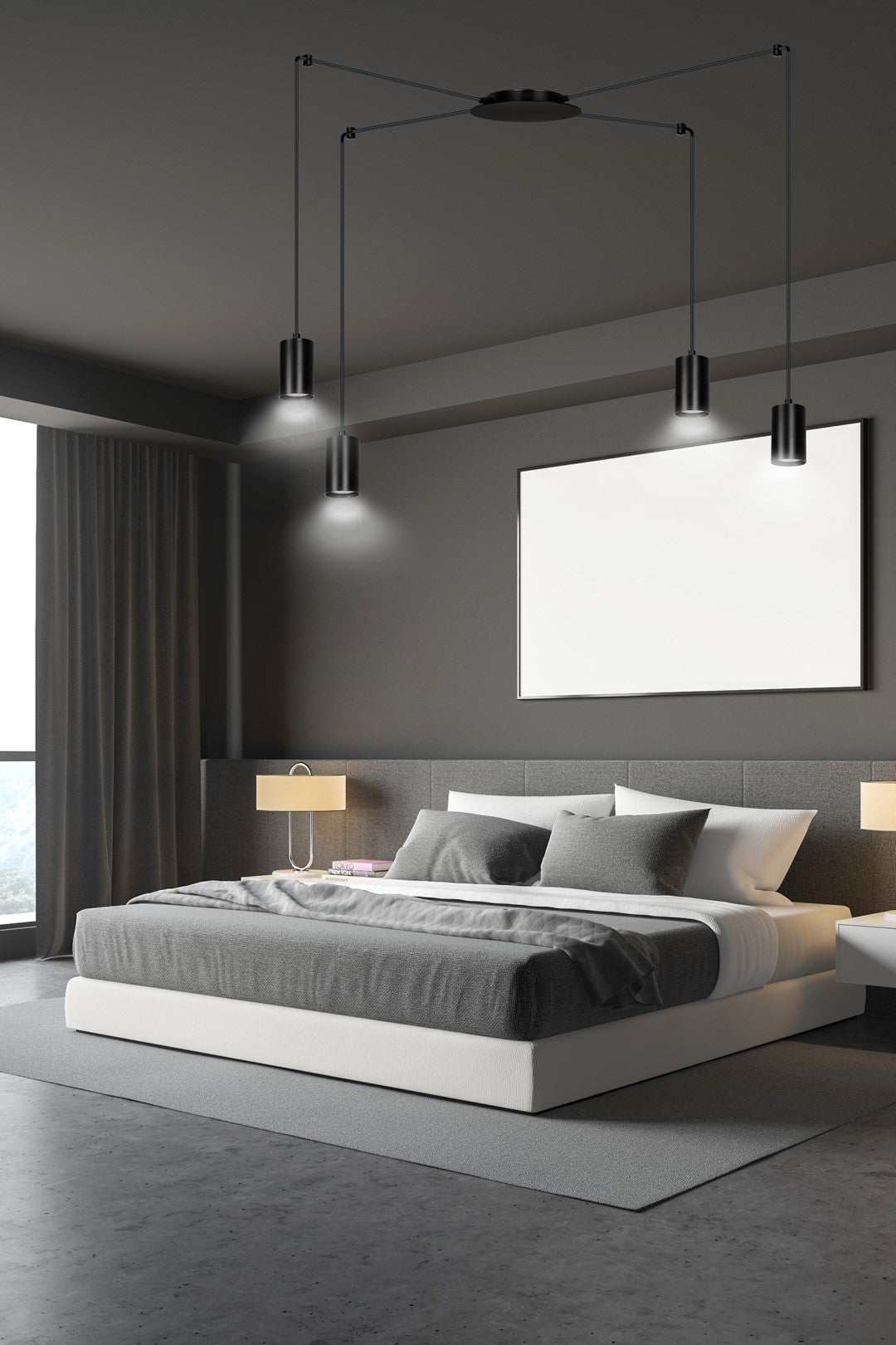 Mise en ambiance dans une chambre sombre, luminaire suspendu au-dessus du lit.