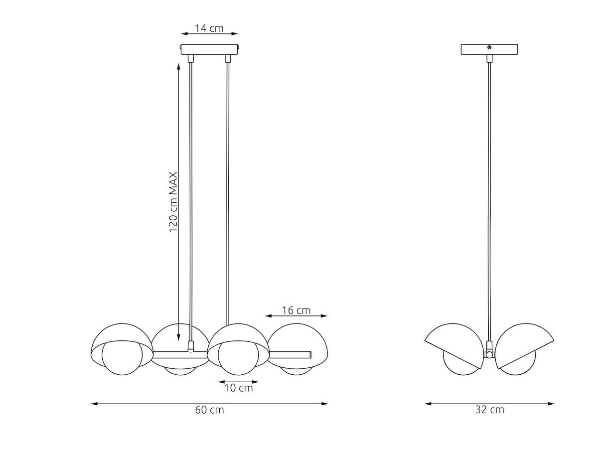 Schéma coté indiquant 60 cm de large, 32 cm de profondeur et 120 cm de câble maximum