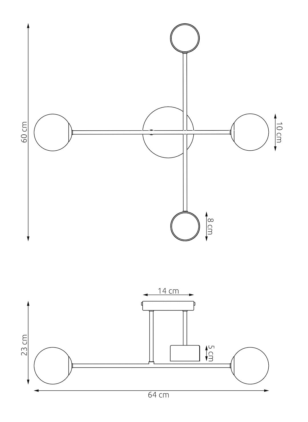 Schéma coté du plafonnier : 64 cm de large et 23 cm de hauteur