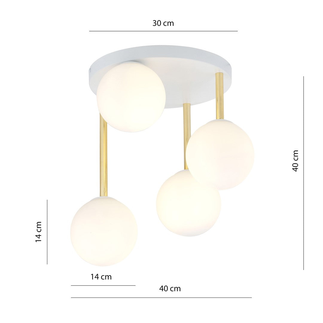 Schéma coté indiquant hauteur totale 40 cm, diamètre platine 30 cm et globes 14 cm