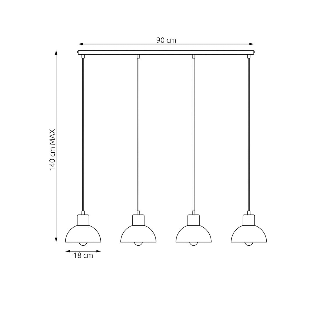 Schéma technique coté : barre 90 cm, hauteur max 140 cm, abat-jour 18 cm.