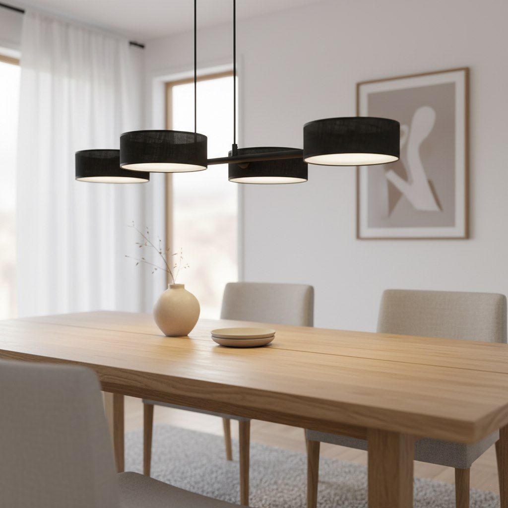 Mise en ambiance au-dessus d'une table à manger en bois clair, intérieur épuré