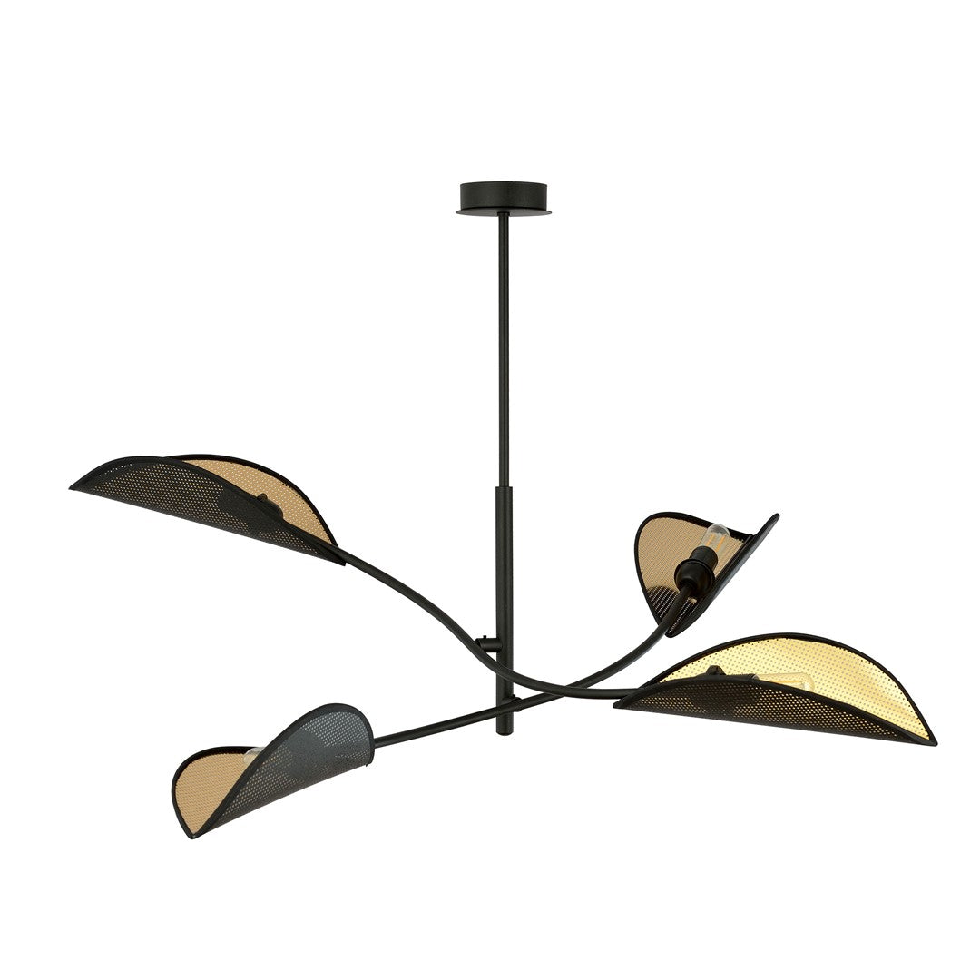 Détail d'un diffuseur noir perforé avec l'ampoule allumée et intérieur doré.