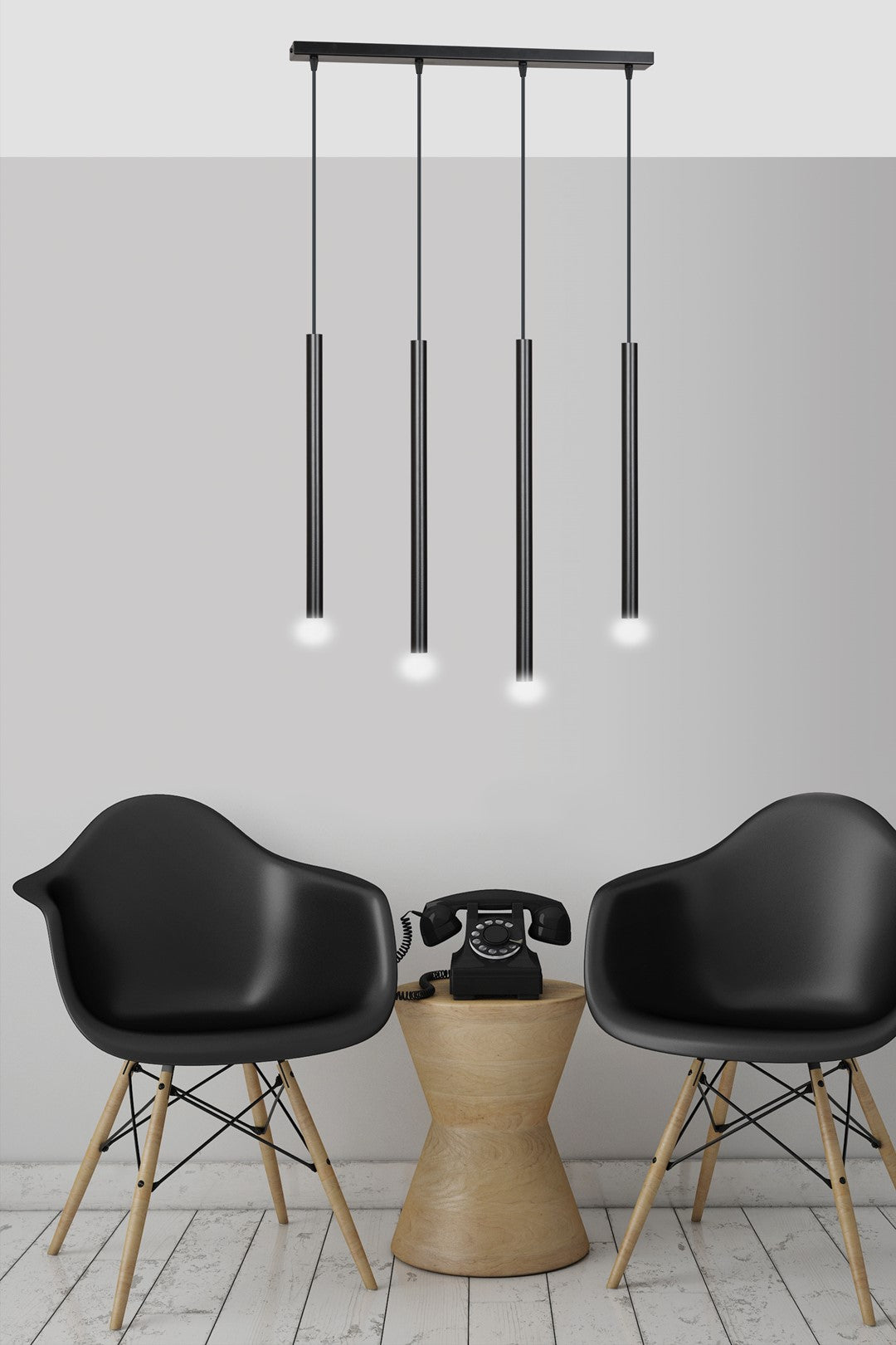 Mise en ambiance au-dessus de deux chaises noires et table bois clair