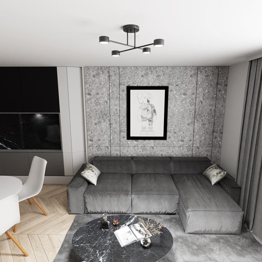 Ambiance séjour contemporain, plafonnier au-dessus du canapé d'angle gris