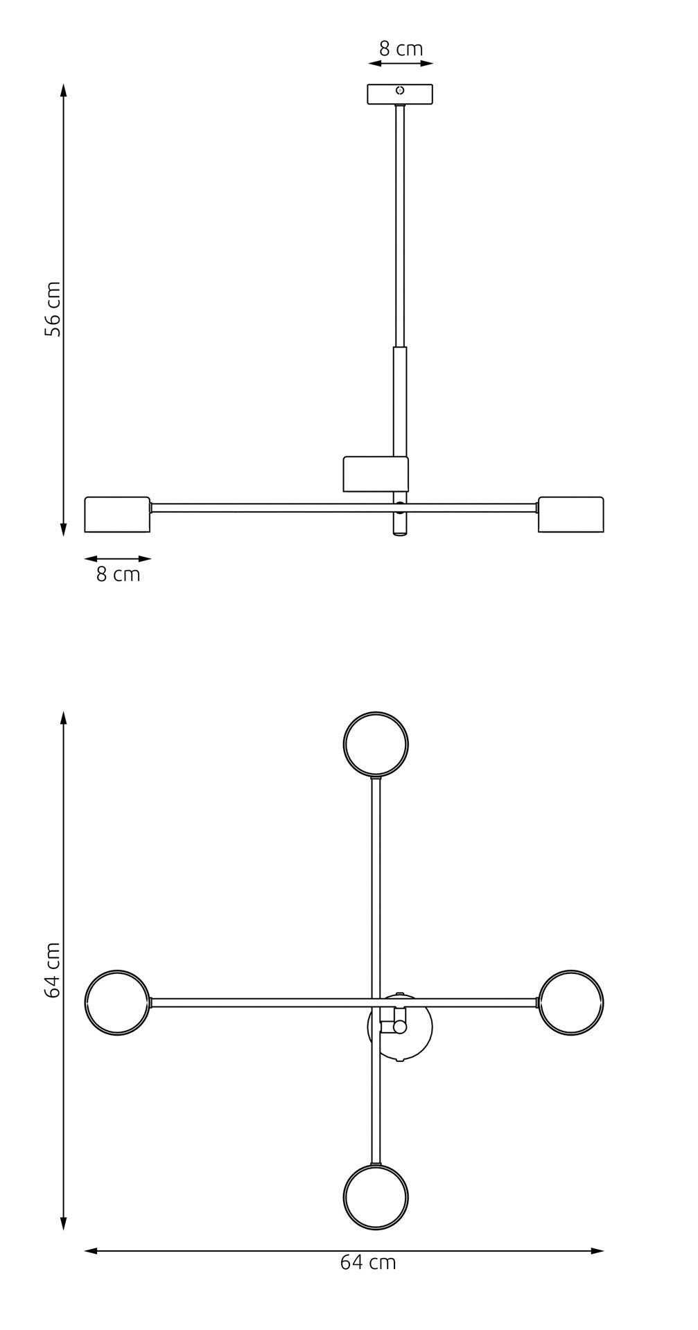 Schéma technique coté du luminaire avec hauteur 56 cm, largeur 64 cm et rosace 8 cm