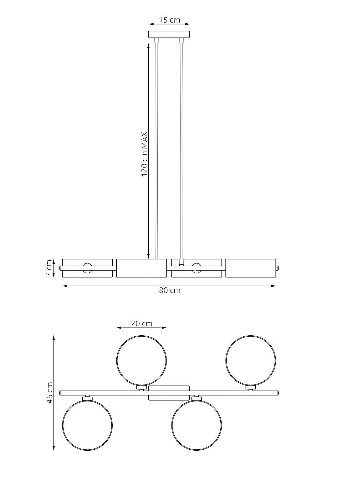 Schéma coté du luminaire indiquant la hauteur maximale et la largeur totale.