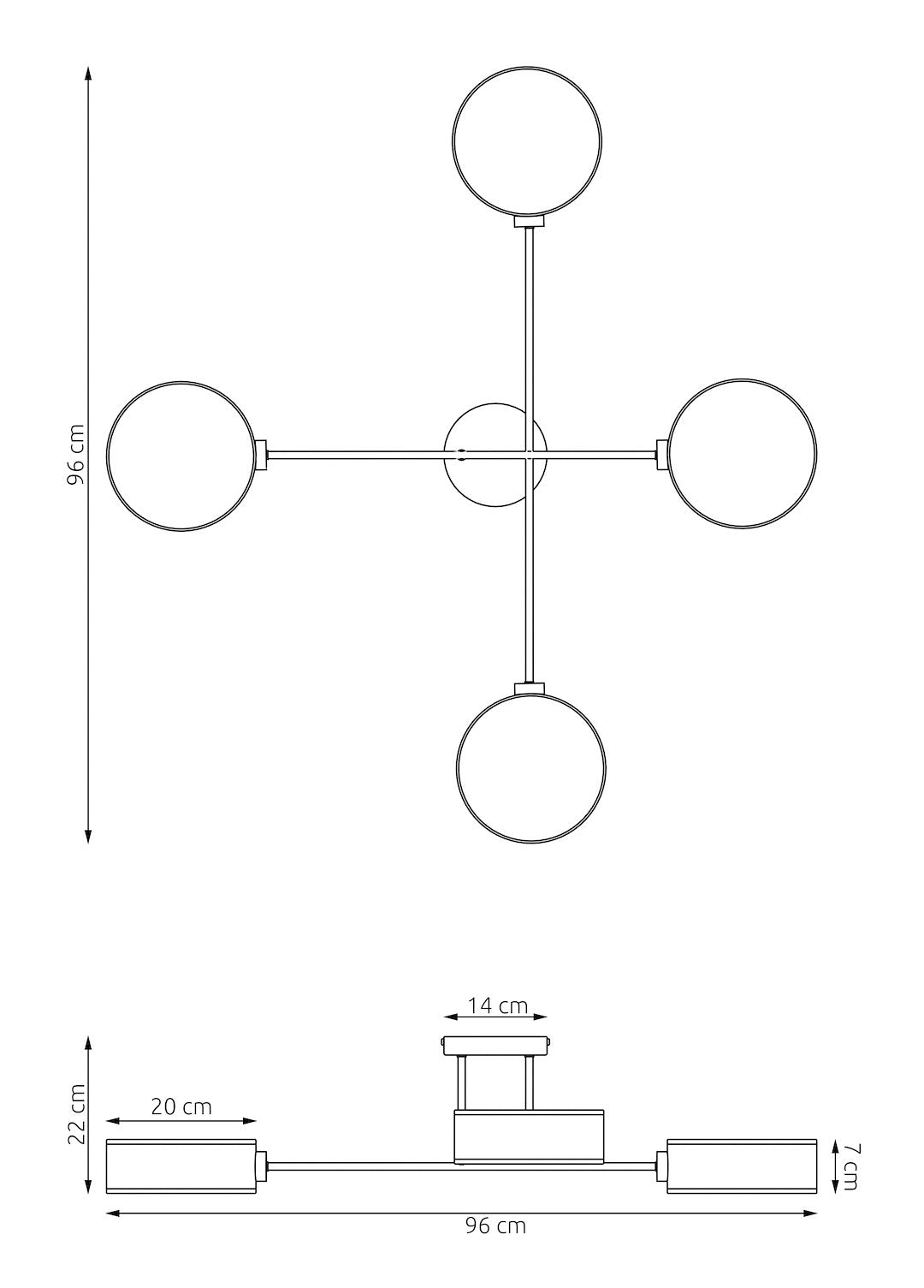 Schéma coté du plafonnier : 96 cm de largeur, 22 cm de hauteur