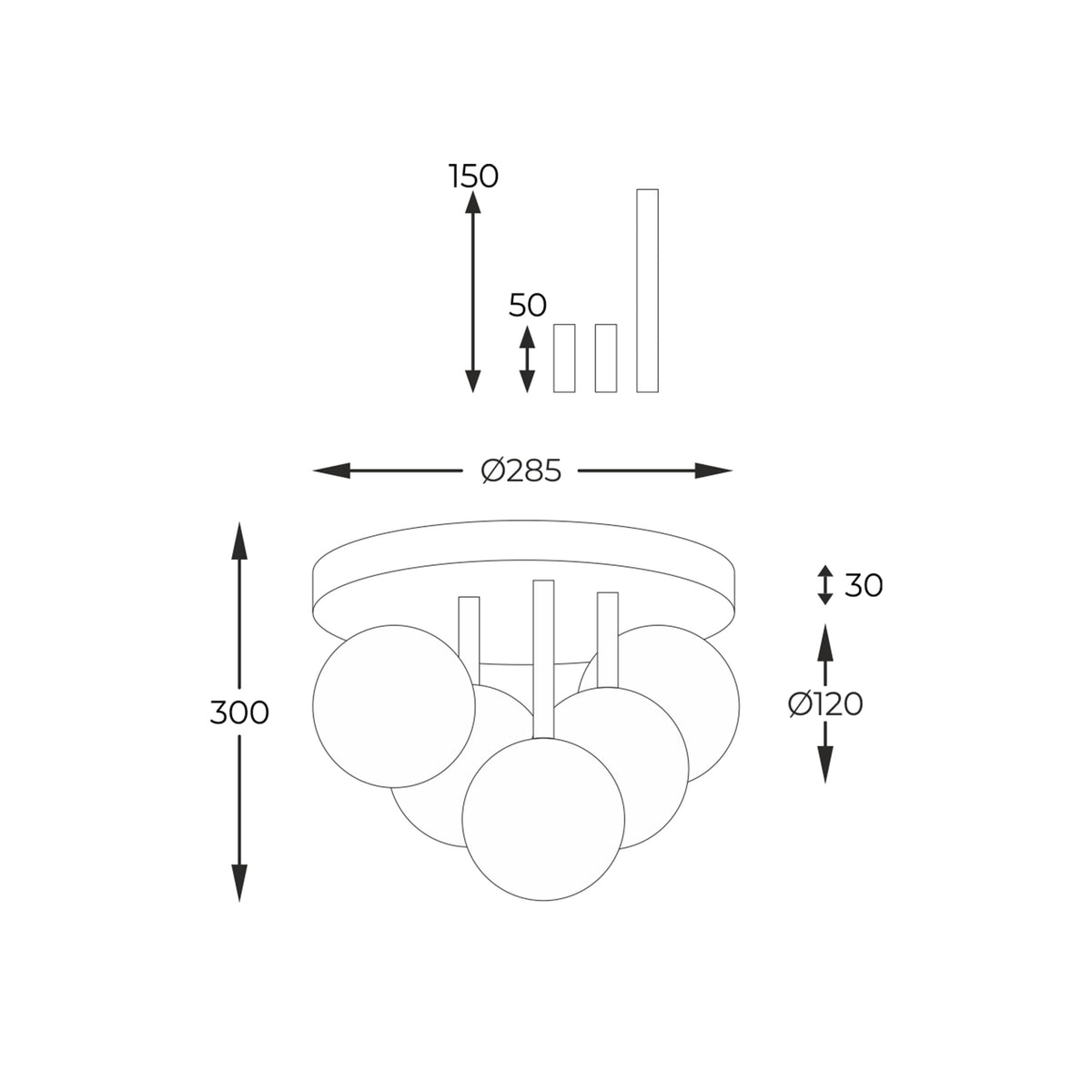 Schéma coté du plafonnier indiquant diamètre 285 mm et hauteur 300 mm