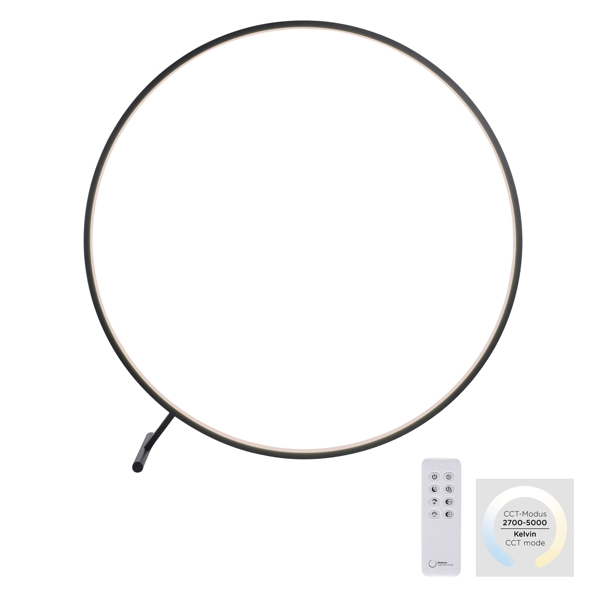 Vue du luminaire avec télécommande infrarouge et schéma du mode CCT 2700-5000 Kelvin.