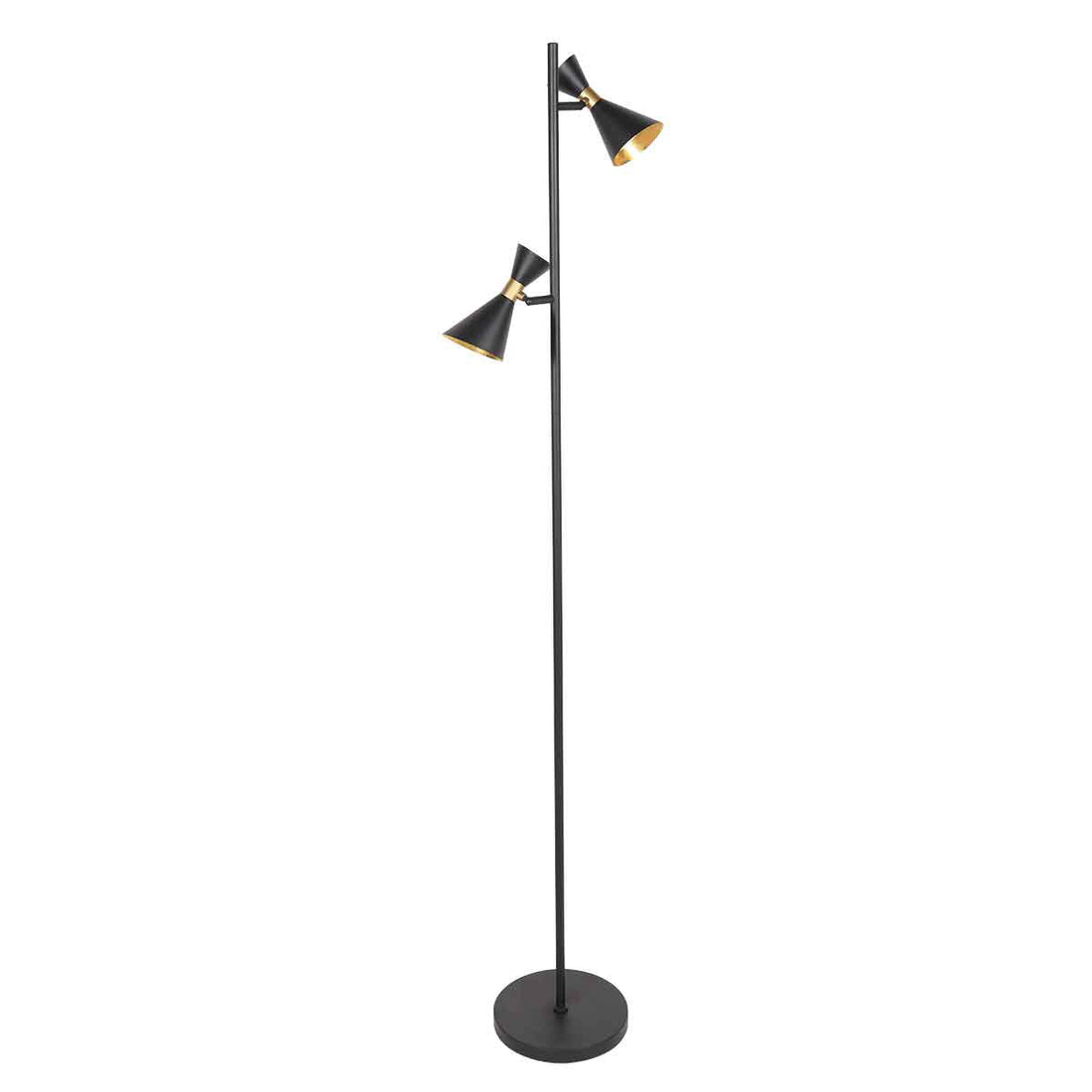 Schwarze GU10-Stehleuchte mit 2 verstellbaren Spots, Diabolo-Schirm & Messing | Preto