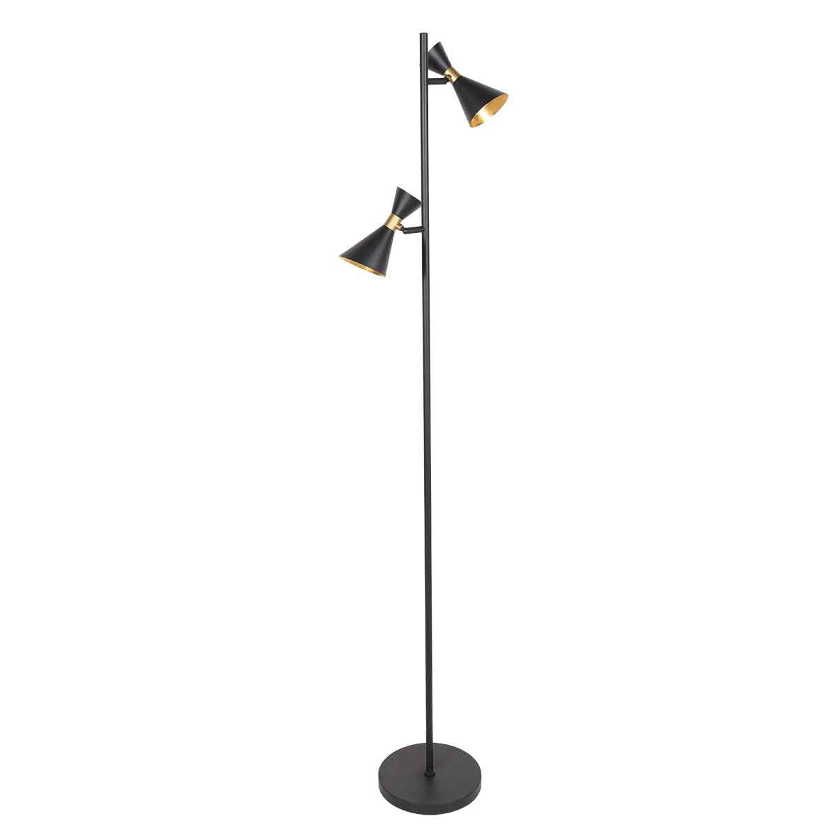 Lampadaire GU10 noir Preto à 2 spots orientables, abat-jour diabolo et laiton, sur fond clair