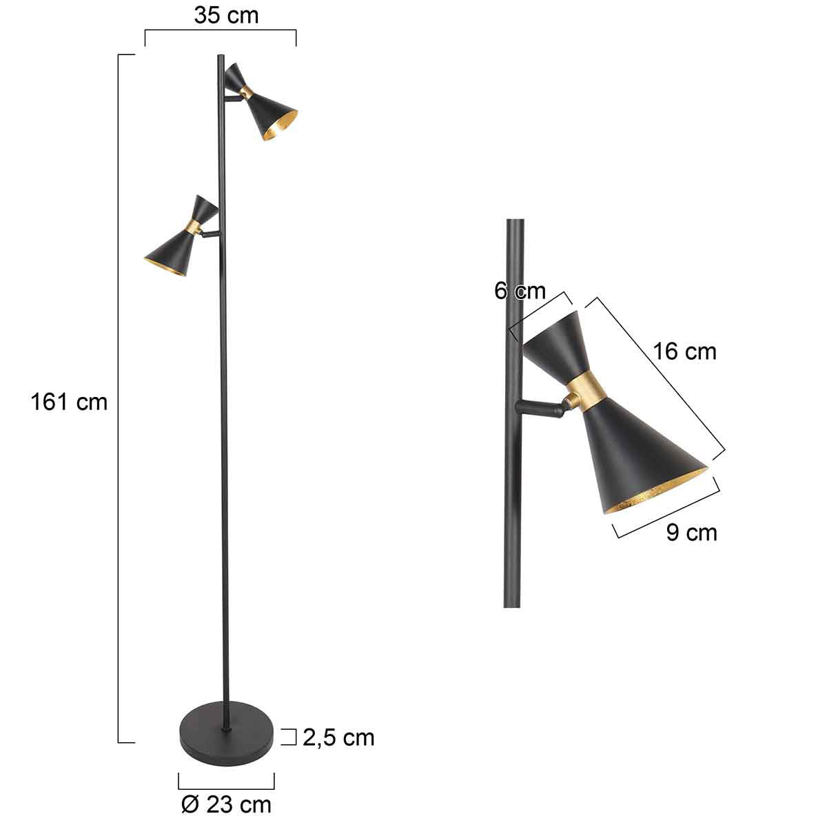 Dimensions du lampadaire Preto : hauteur 161 cm, socle Ø 23 cm
