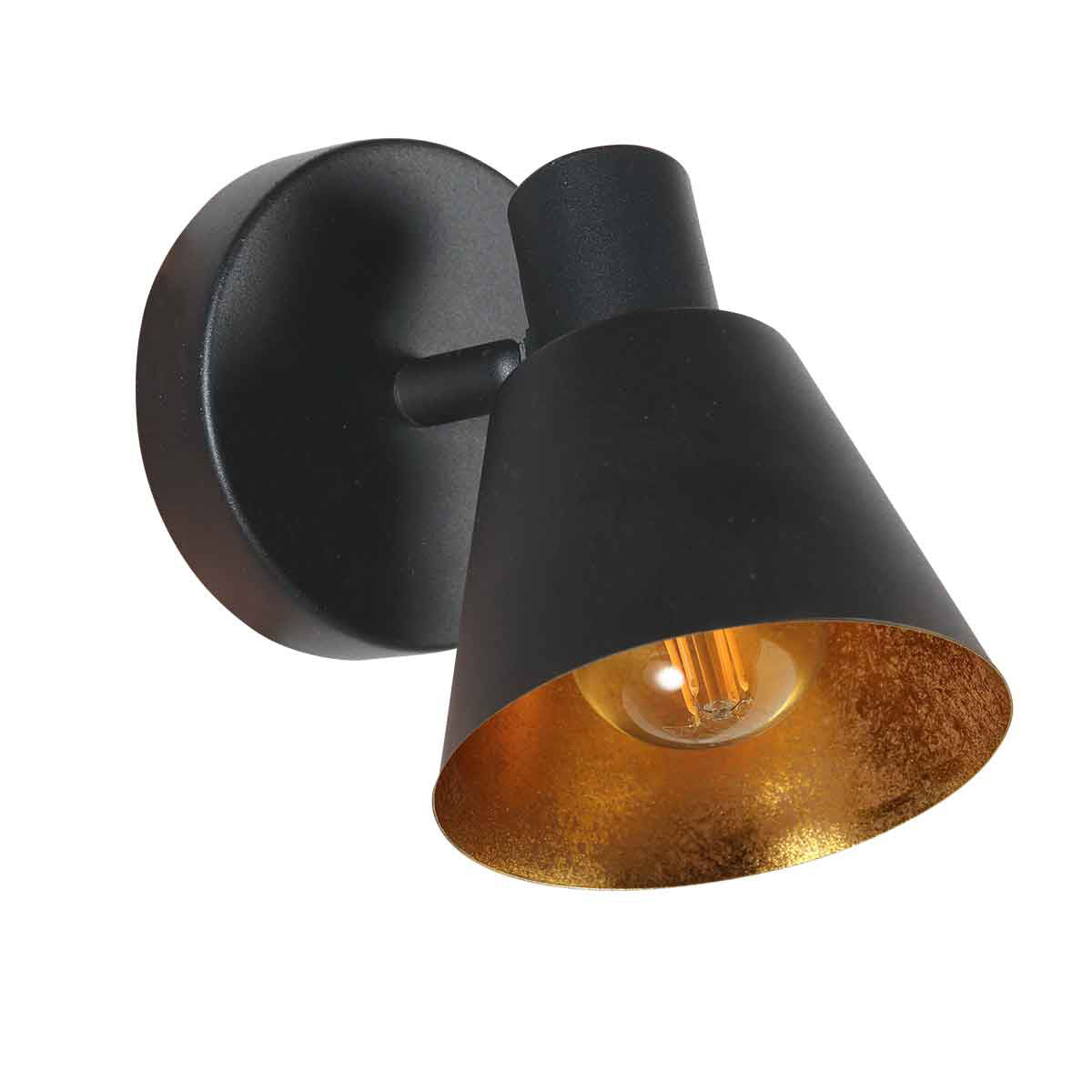 Détail de l'intérieur doré texturé et ampoule filament allumée
