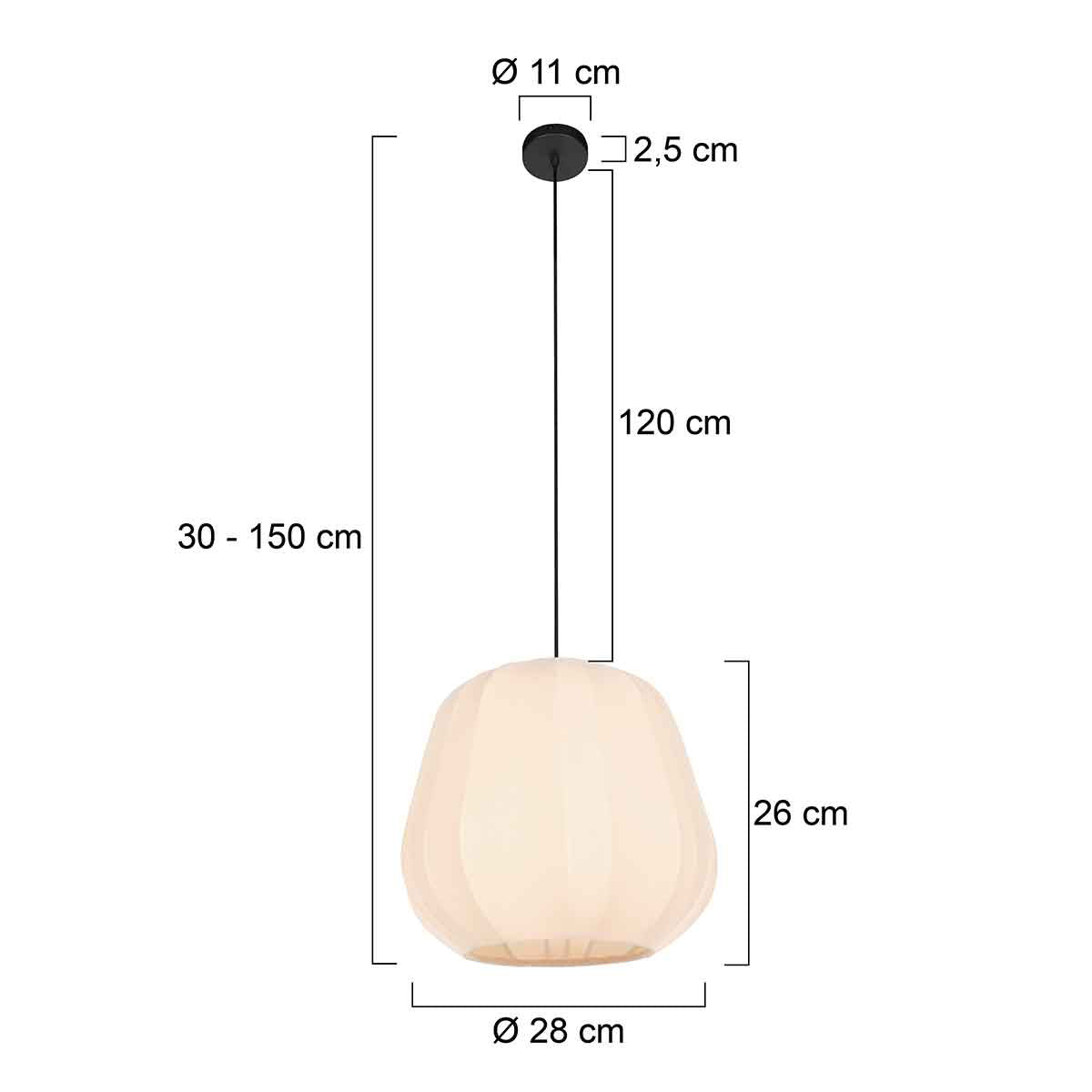 Schéma des dimensions de la suspension Sablée : Ø 28 cm, hauteur réglable 30-150 cm