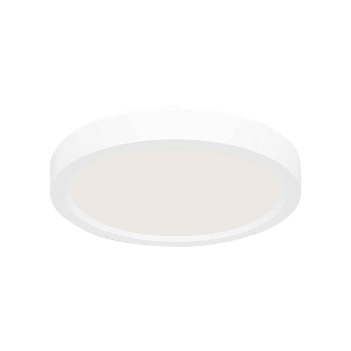 Vue de dessous du plafonnier blanc, large diffuseur rond uniformément éclairé