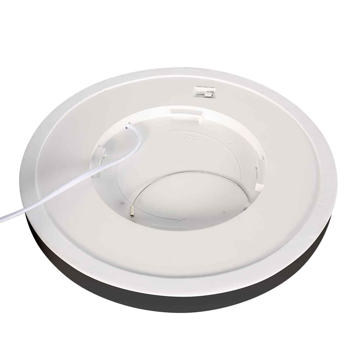 Détail de la face arrière avec module intégré, étiquette et fil d'alimentation
