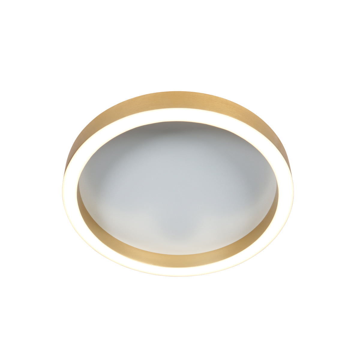 Vue de dessous du luminaire, large diffuseur blanc cerné d'un cercle LED