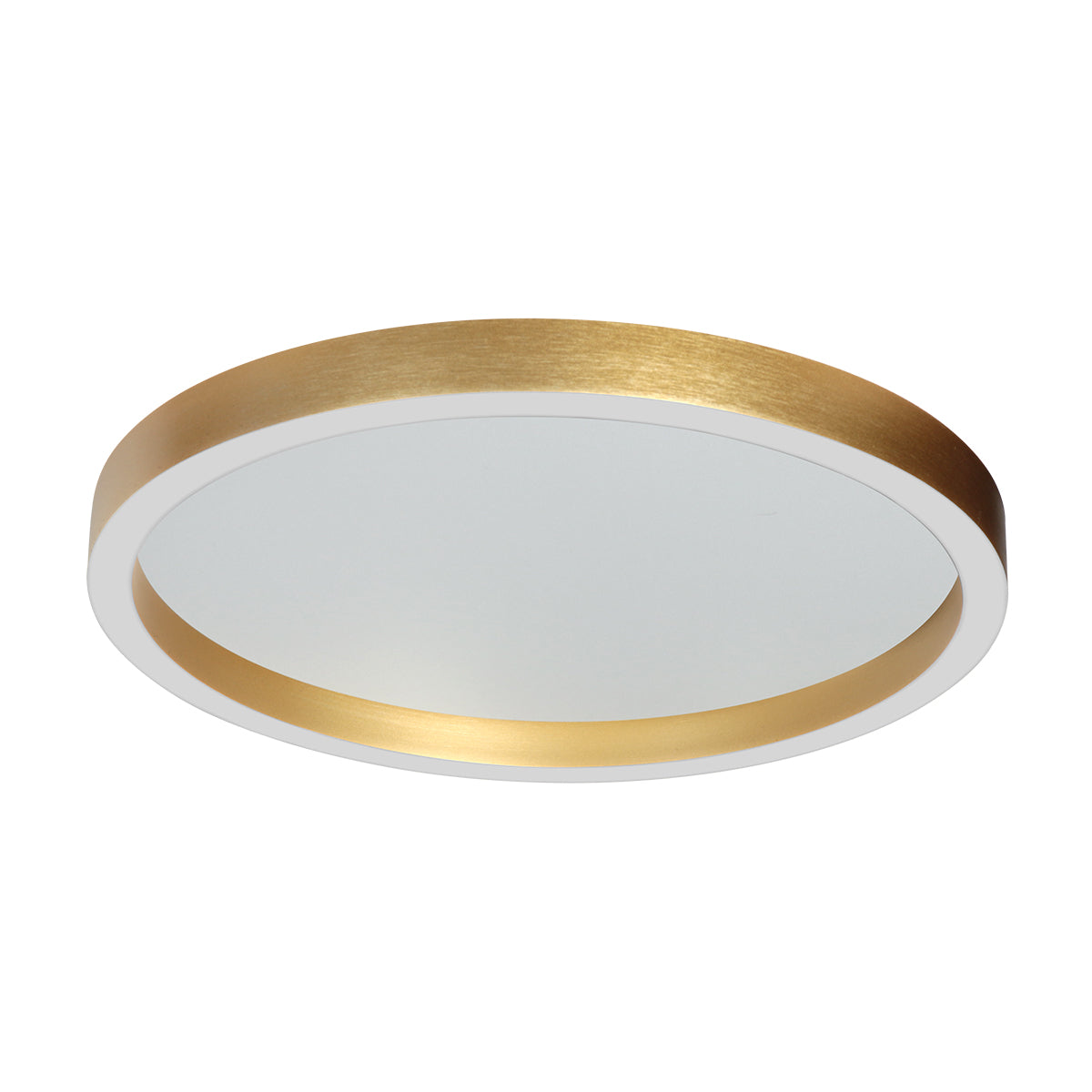 Vue rapprochée du cerclage doré brossé et de la jupe blanche du luminaire