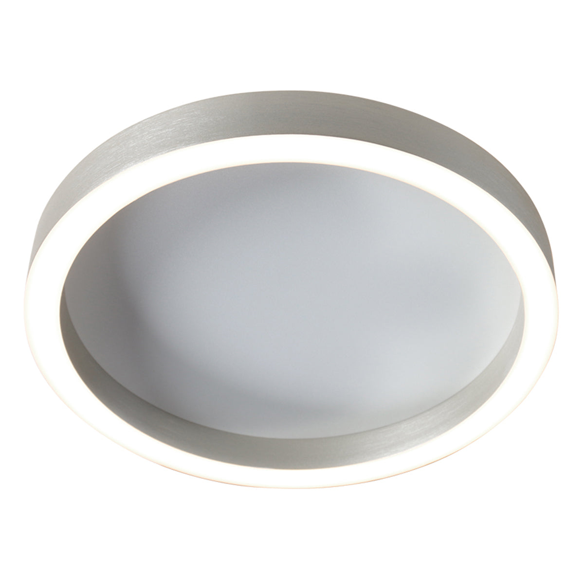 Plafonnier rond vu de trois quarts, diffuseur blanc et anneau lumineux périphérique