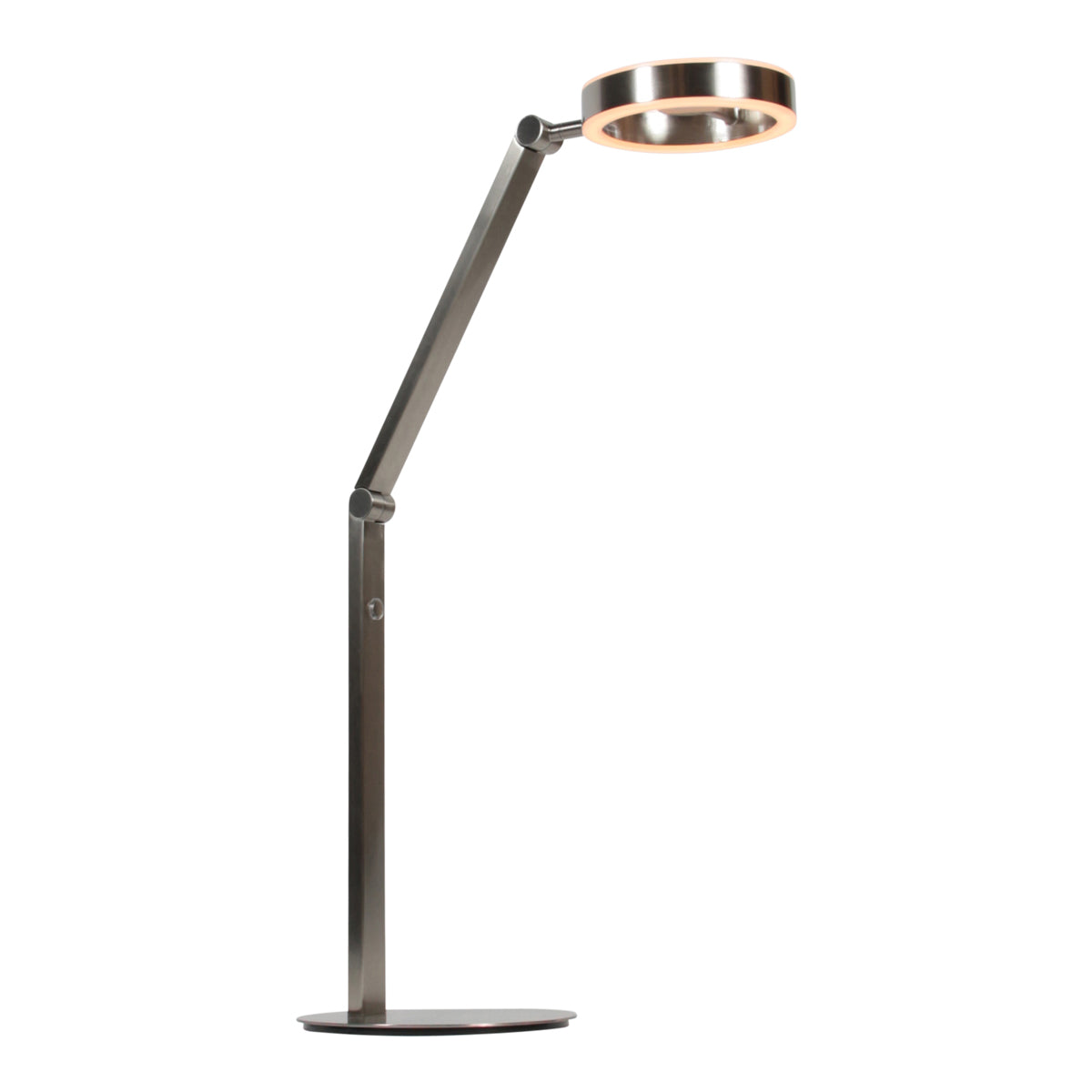 Profil de la lampe, bras oblique remonté et diffuseur circulaire allumé