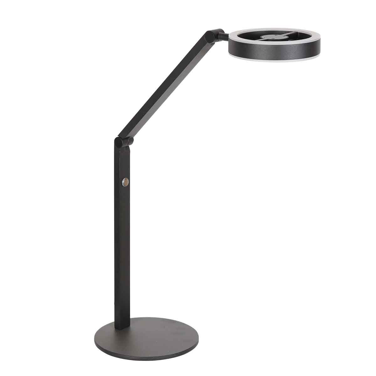 Vue de trois quarts du luminaire noir, tête ronde éclairée par le dessous