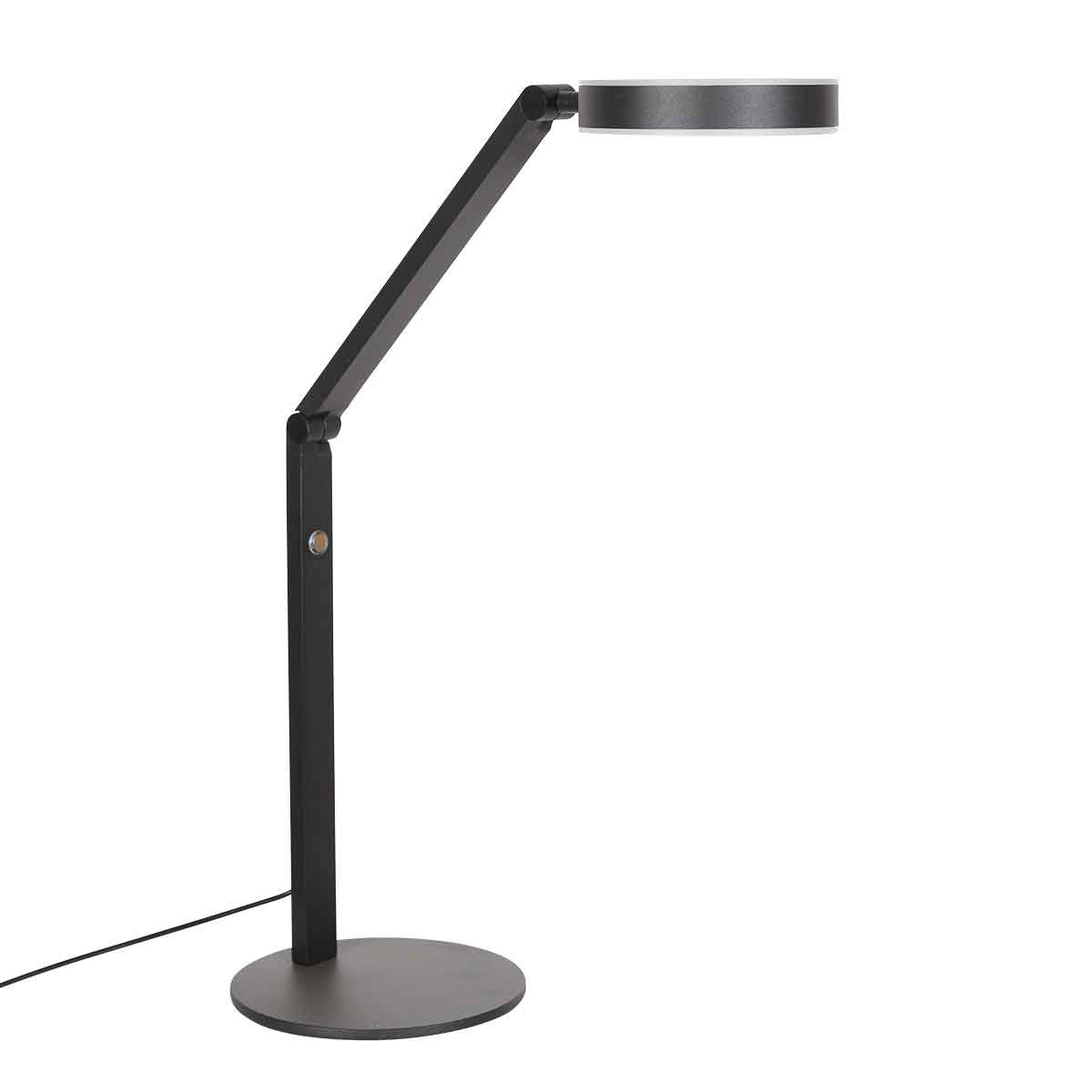 Lampe noire avec câble d'alimentation apparent, bras long et base plate