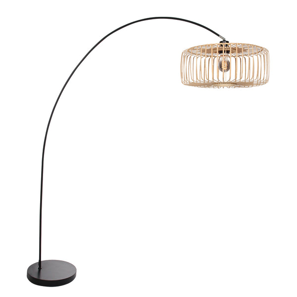 Schwarze Bogenlampe / Stehleuchte Solva 4156ZW mit Lampenschirm aus natürlichem Bambus