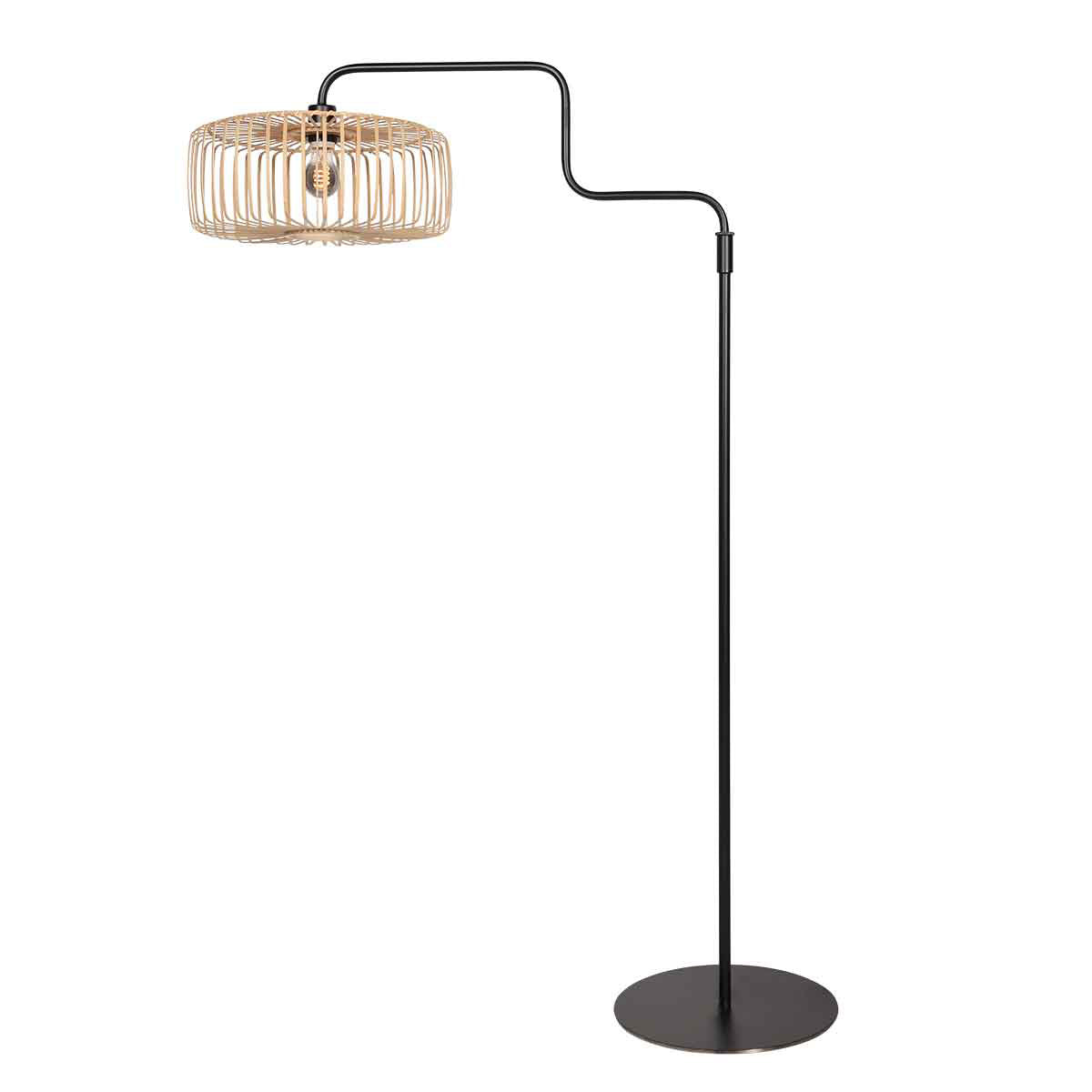 Luminaire décentré sur fond blanc, détail du bras métallique noir et de l'abat-jour.