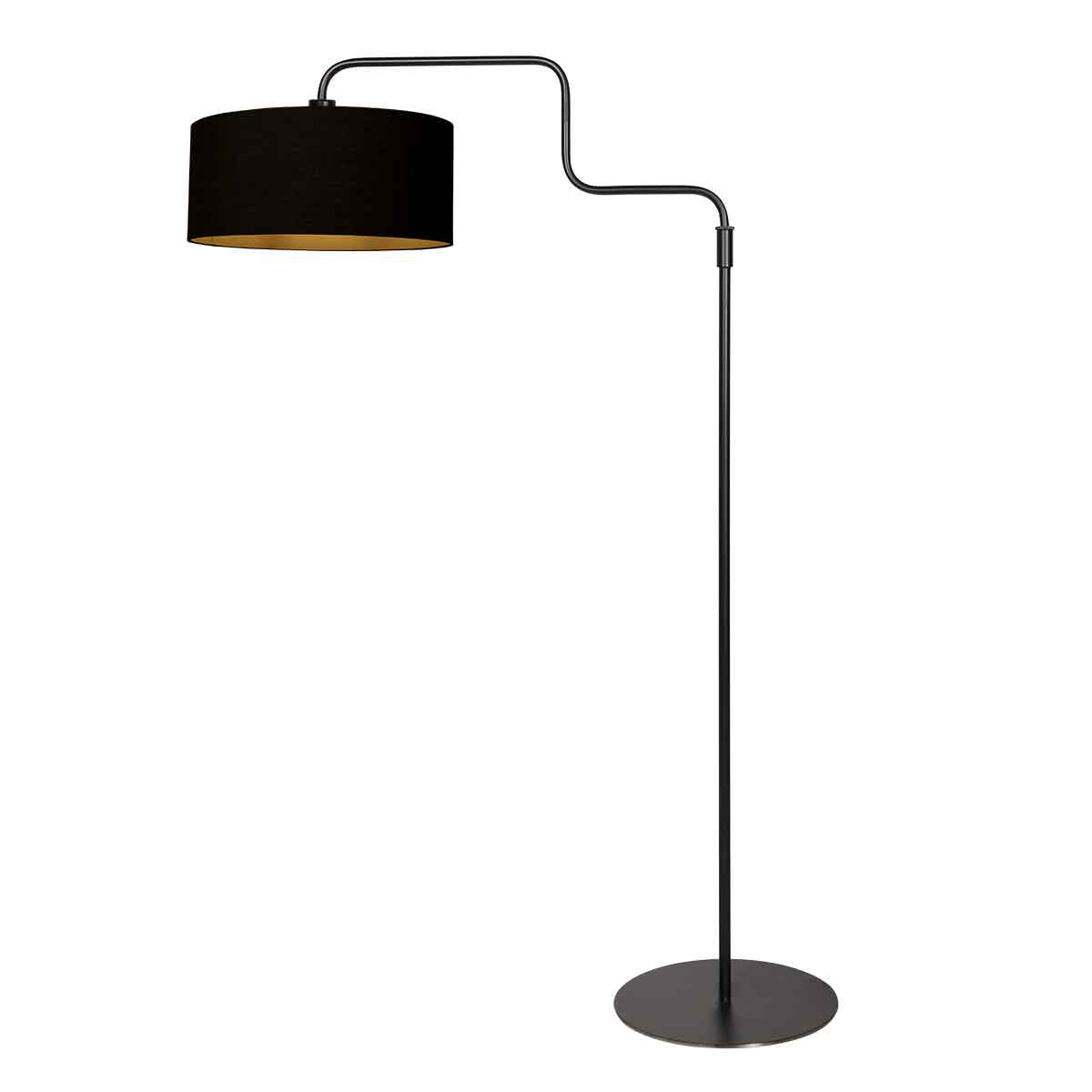 Vue inversée du lampadaire noir, abat-jour en lin noir et doré