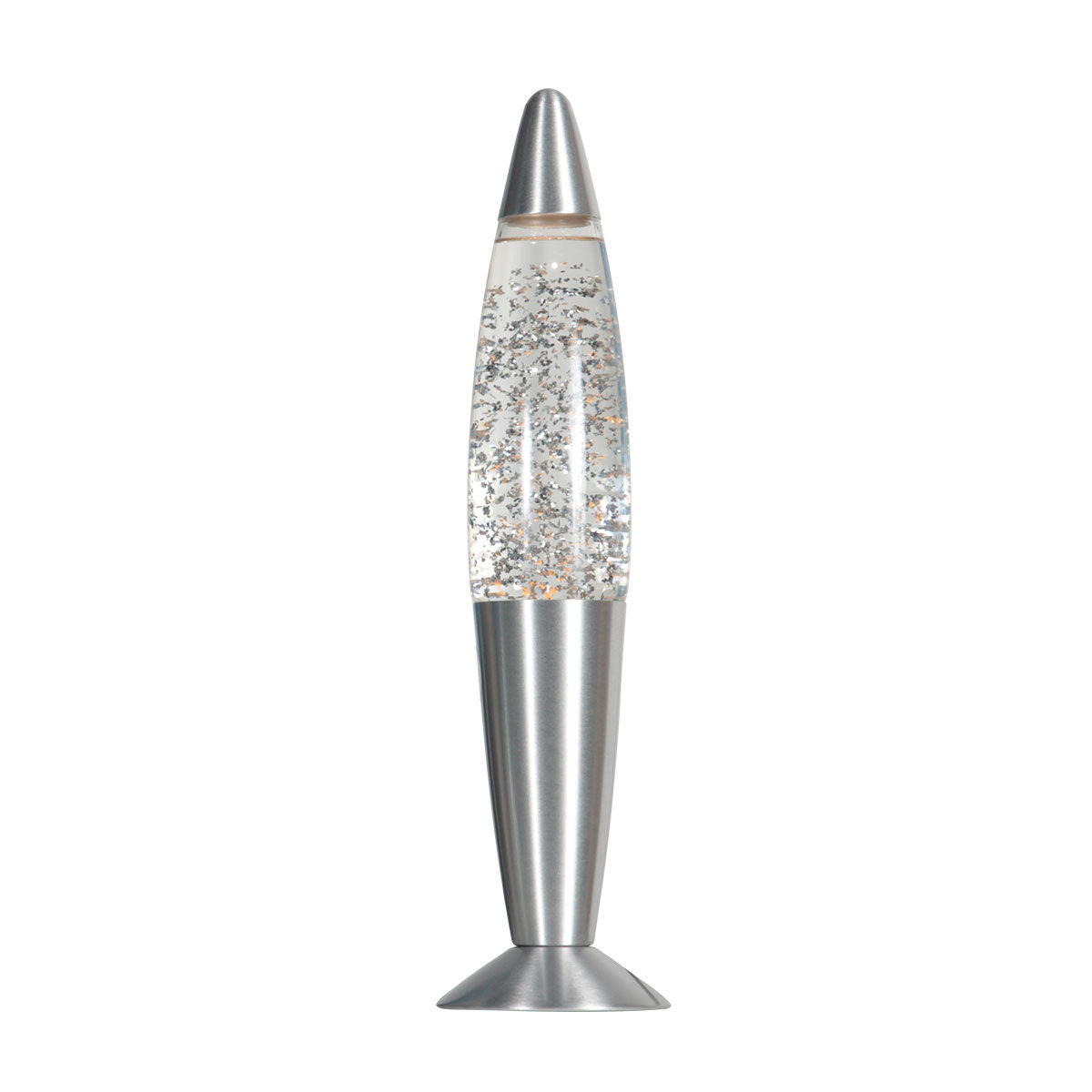 Vue de face du luminaire décoratif allumé, paillettes en suspension dans le liquide clair