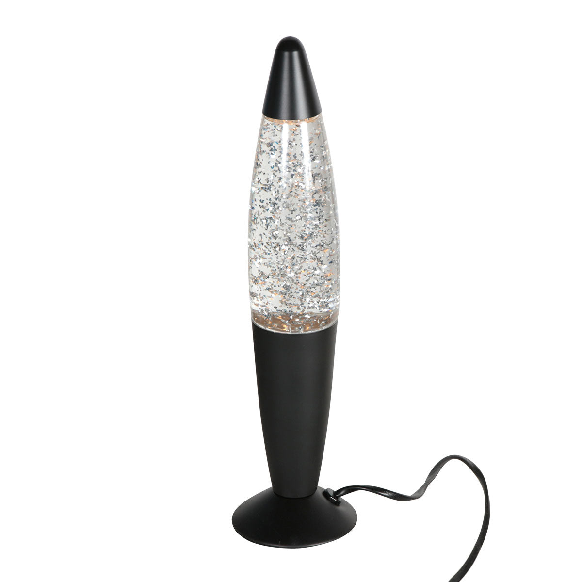 Vue de trois quarts de la lampe avec son câble d'alimentation noir sur fond blanc.