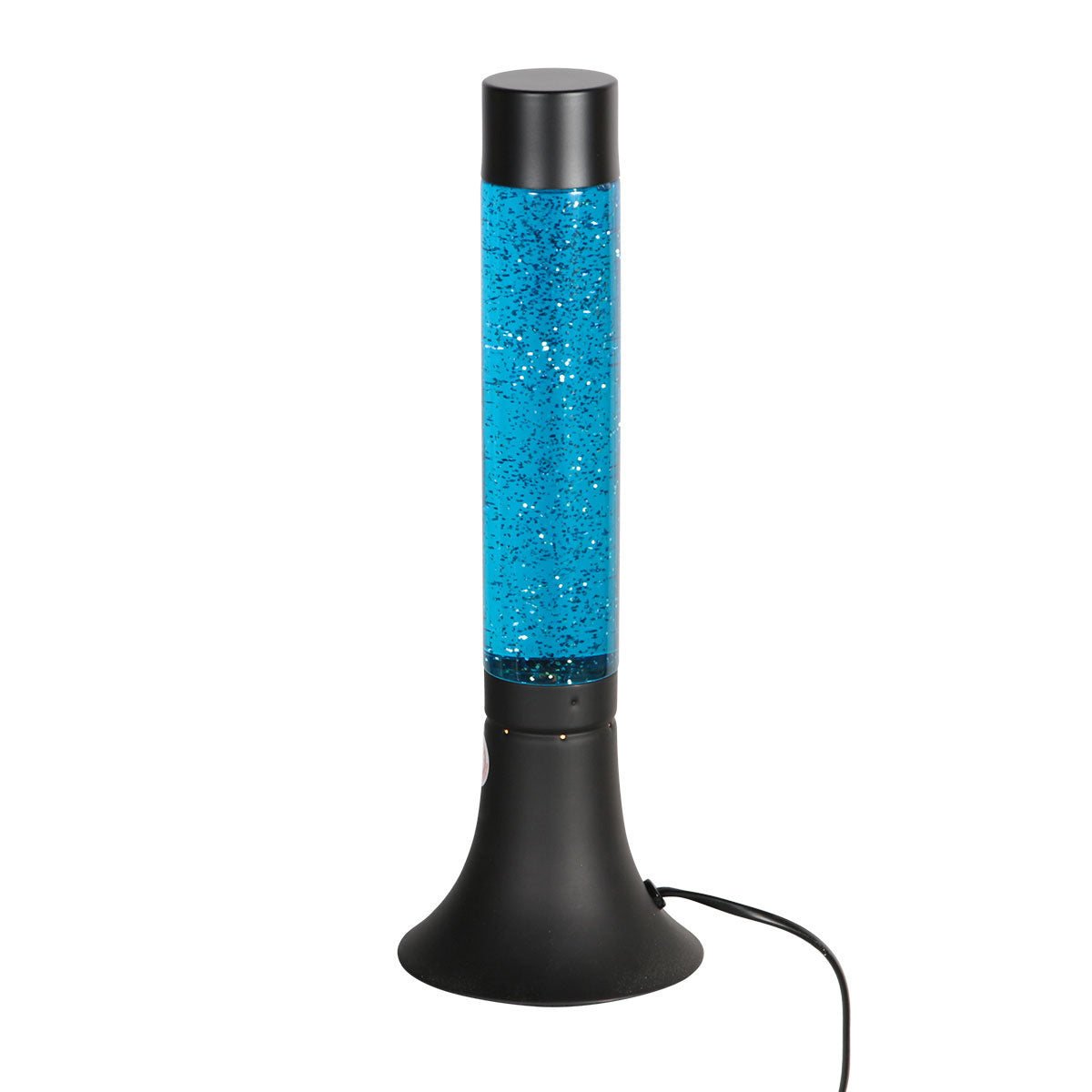 Lampe allumée, paillettes en suspension dans le liquide bleu scintillant.