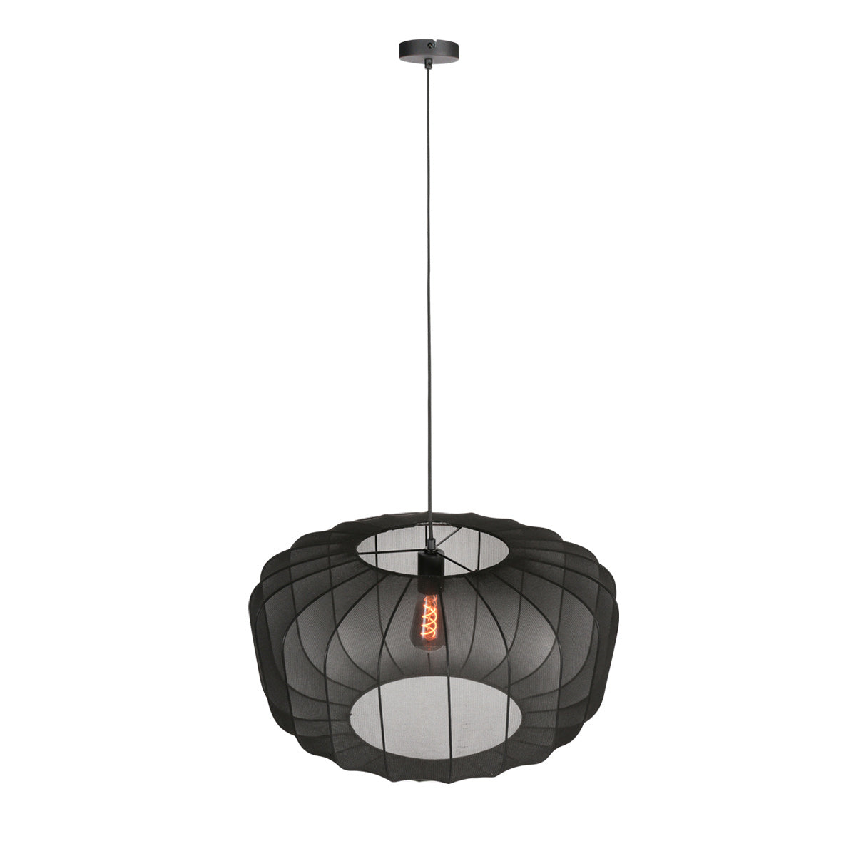 Second angle du luminaire noir, ampoule dorée allumée sur fond blanc