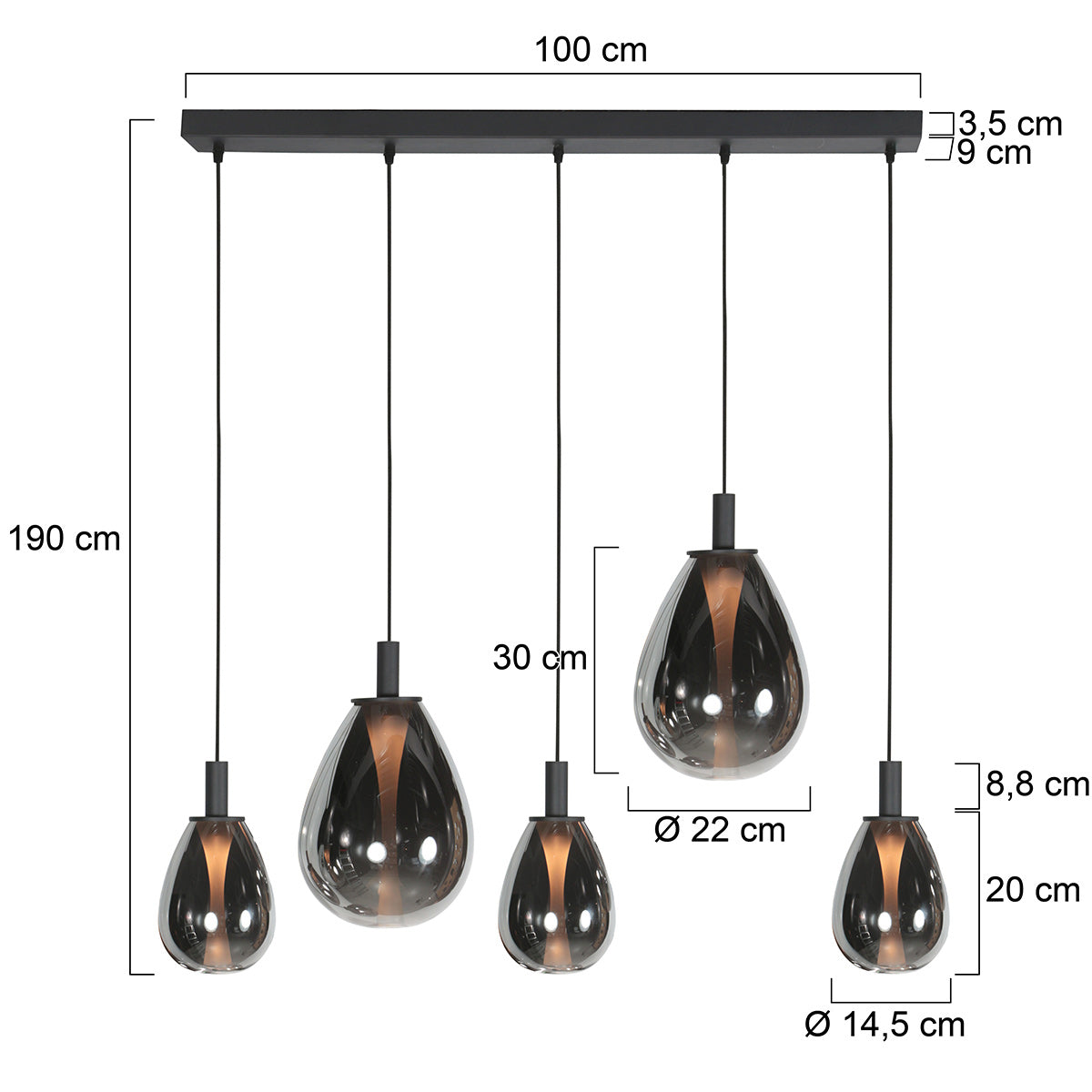 Dimensions suspension 5 lampes : barre 100 cm, verres Ø22 et Ø14,5 cm