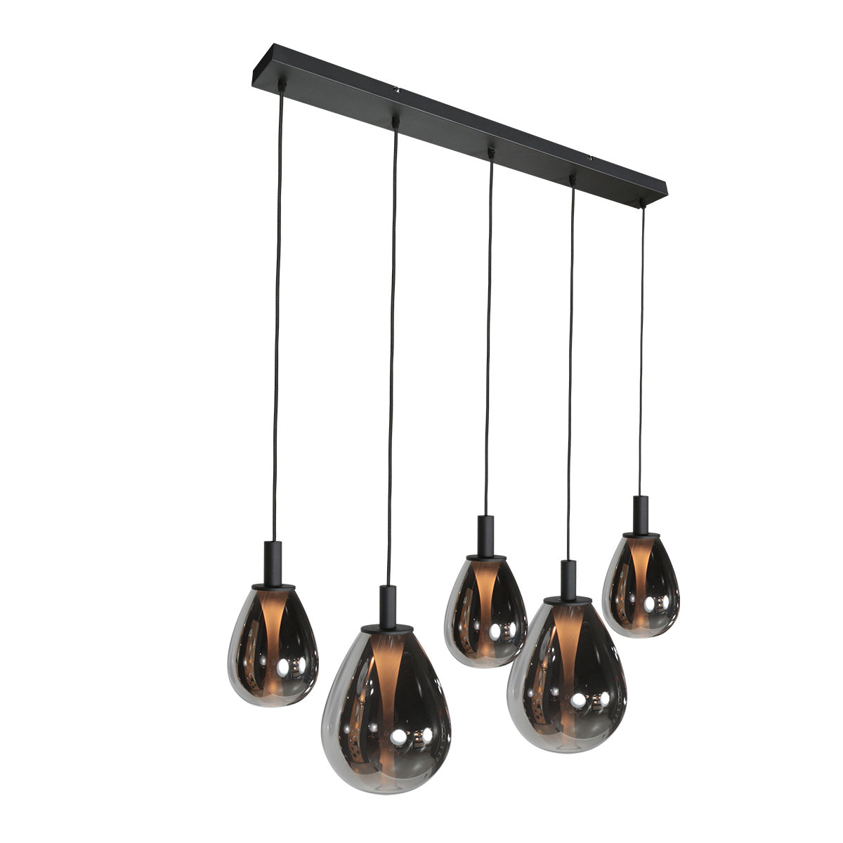 Suspension 5 lampes verres fumés vue 3/4, structure noire allumée