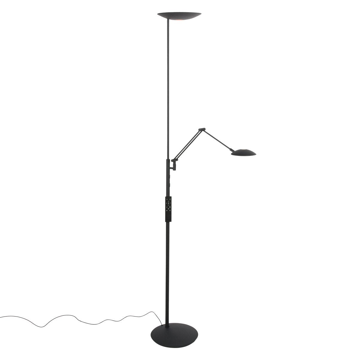 Vue entière du lampadaire noir, panneau de commande visible sur le mât central.