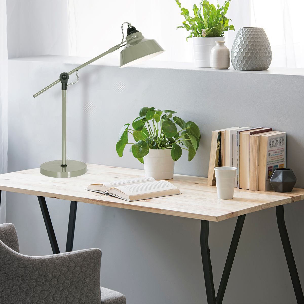 Mise en ambiance sur bureau en bois clair avec livre ouvert et plante verte.