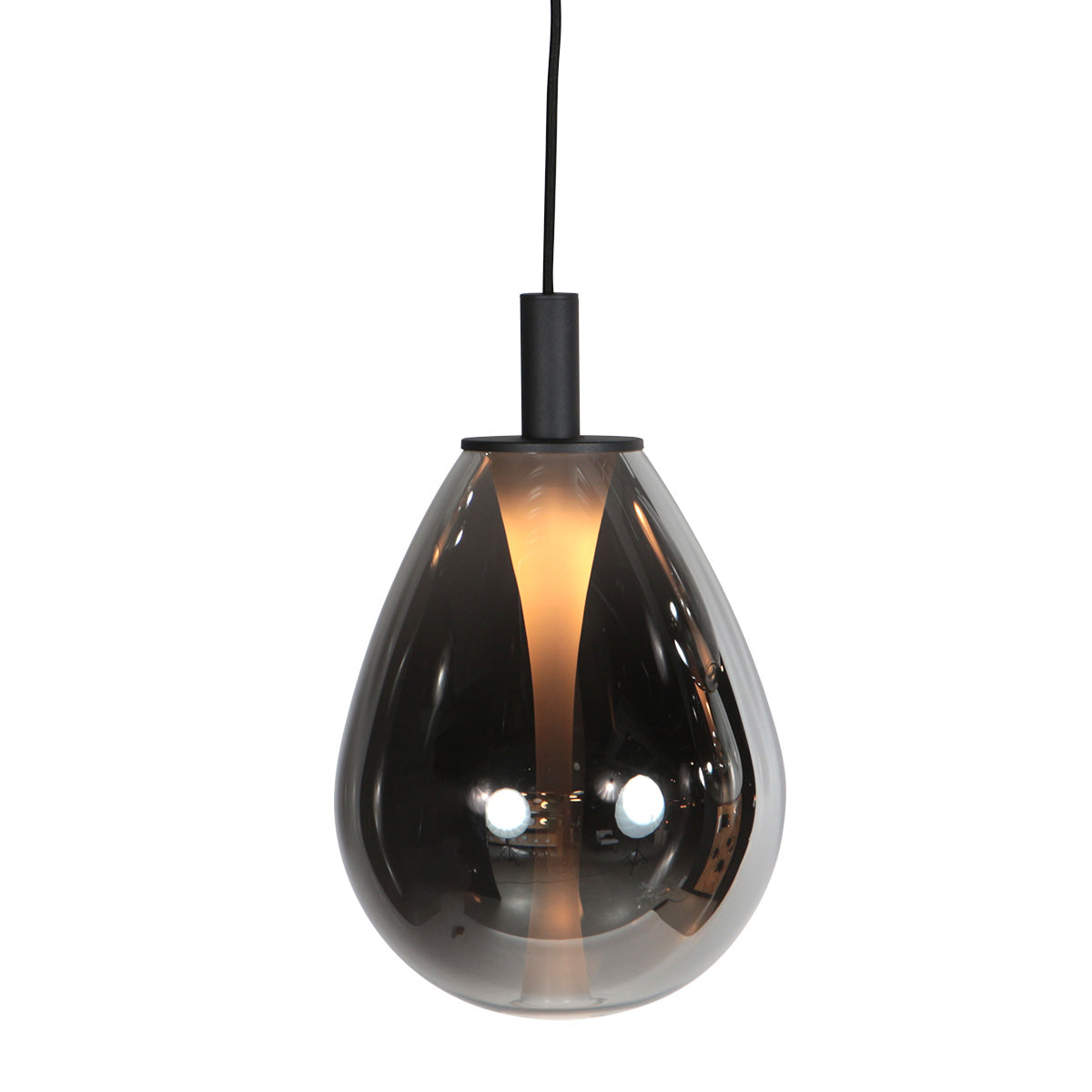 Suspension verre noir fumé en forme de goutte, lumière chaude diffusée
