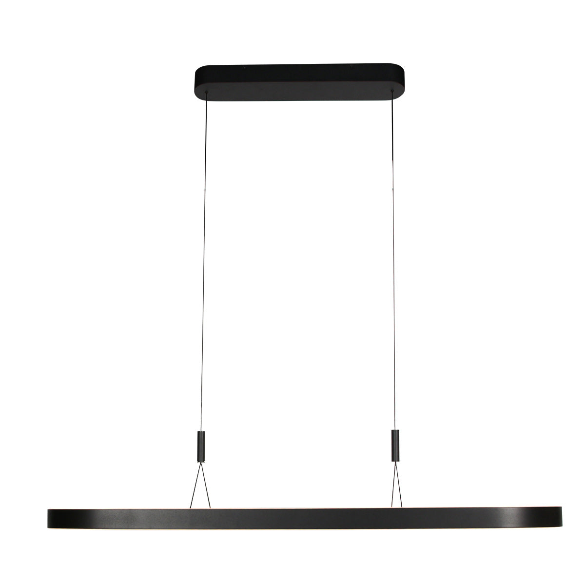 Profil latéral de la suspension ovale noire, fine et allongée sous son support.